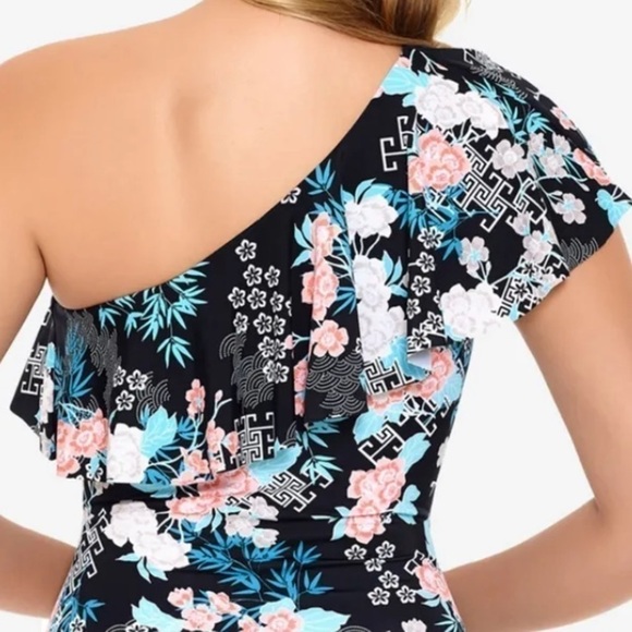 SWIM SOLUTIONS Women's Black Ruffled One Shoulder One Piece Swimsuit - Picture 4 of 7